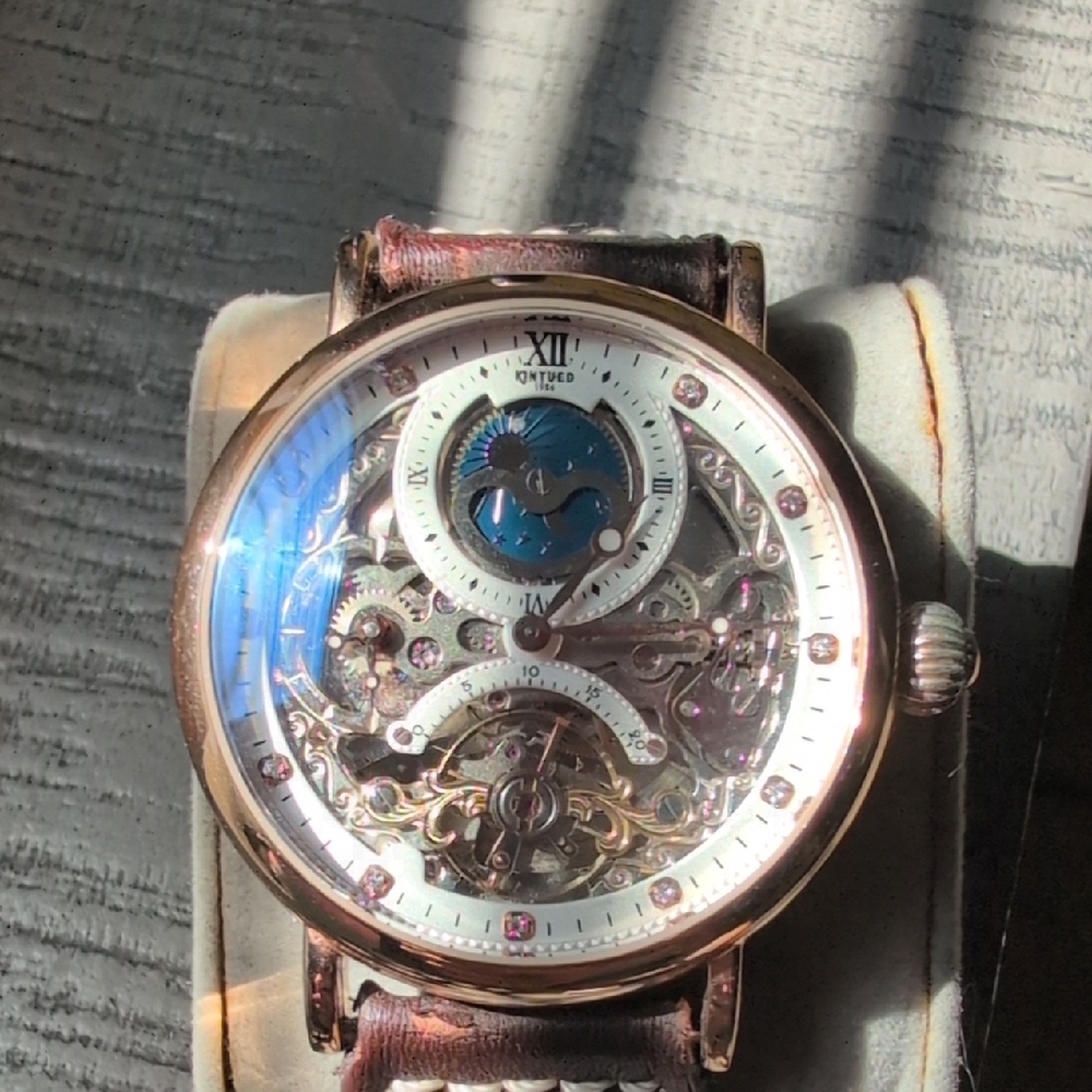 Skeleton Mechanical Watch with Blue Moonphase Dial and Brown Leather Strap